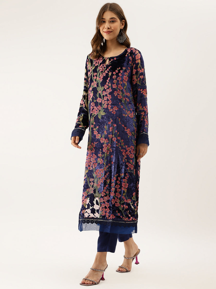 Divena Blue Floral Burnout Velvet Kurta Set with Organza Dupatta