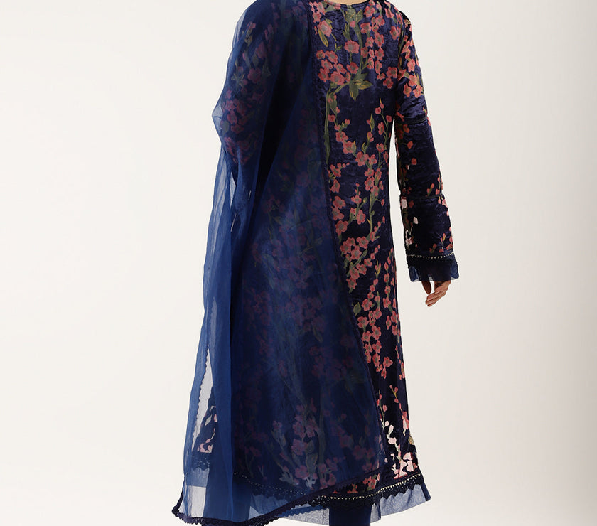 Divena Blue Floral Burnout Velvet Kurta Set with Organza Dupatta