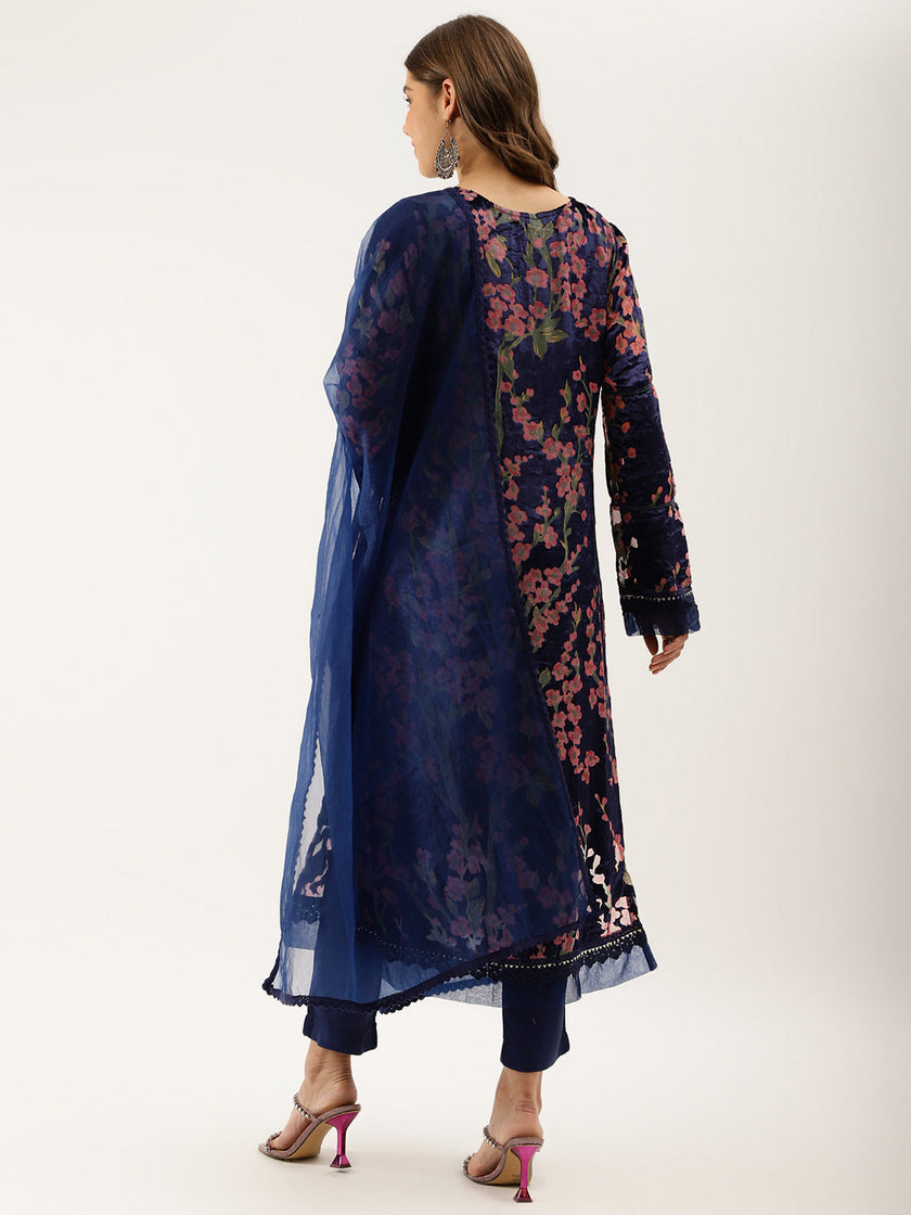 Divena Blue Floral Burnout Velvet Kurta Set with Organza Dupatta