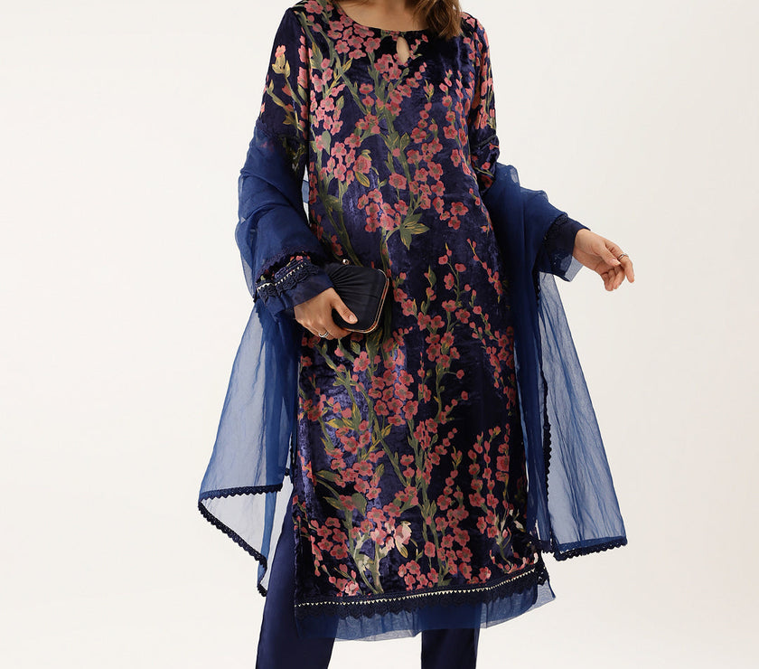 Divena Blue Floral Burnout Velvet Kurta Set with Organza Dupatta