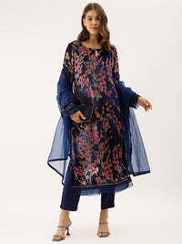 Divena Blue Floral Burnout Velvet Kurta Set with Organza Dupatta