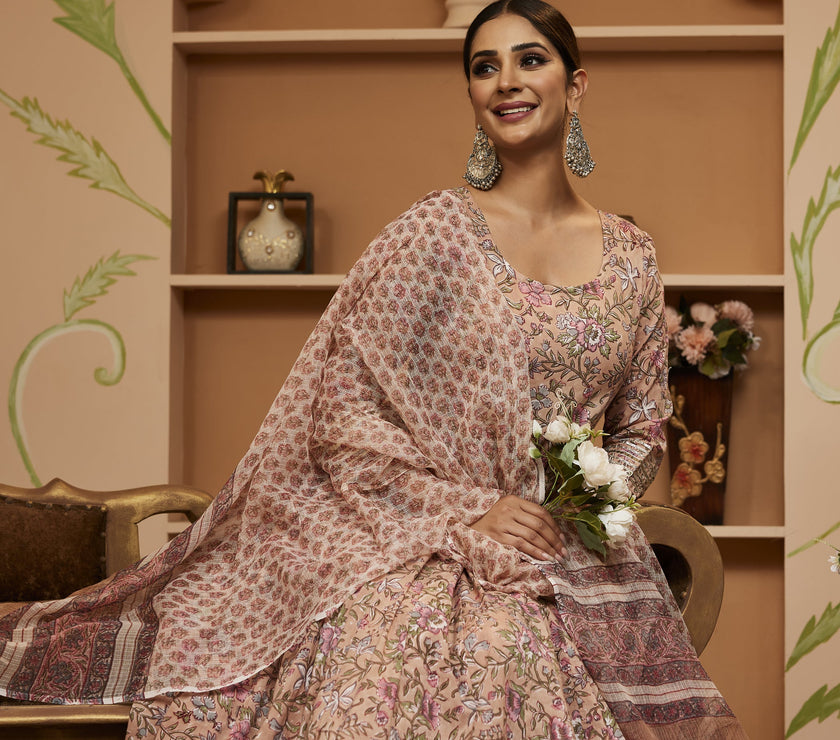 Divena Handblock Floral Printed Beige Anarkali Cotton Kurta With Trousers & Dupatta