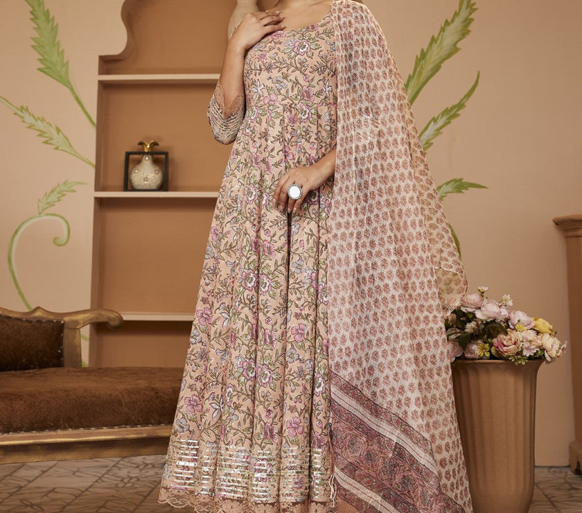 Divena Handblock Floral Printed Beige Anarkali Cotton Kurta With Trousers & Dupatta