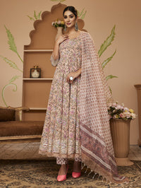 Divena Handblock Floral Printed Beige Anarkali Cotton Kurta With Trousers & Dupatta