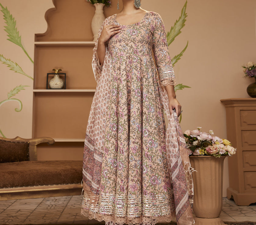 Divena Handblock Floral Printed Beige Anarkali Cotton Kurta With Trousers & Dupatta