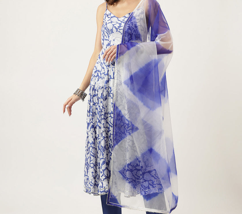 Divena Blue Muslin Floral Printed Kurta, Trouser with Dupatta Set