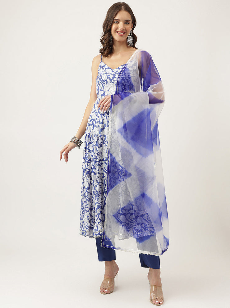 Divena Blue Muslin Floral Printed Kurta, Trouser with Dupatta Set