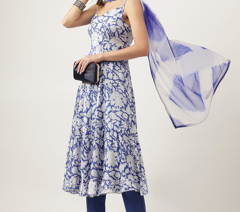 Divena Blue Muslin Floral Printed Kurta, Trouser with Dupatta Set