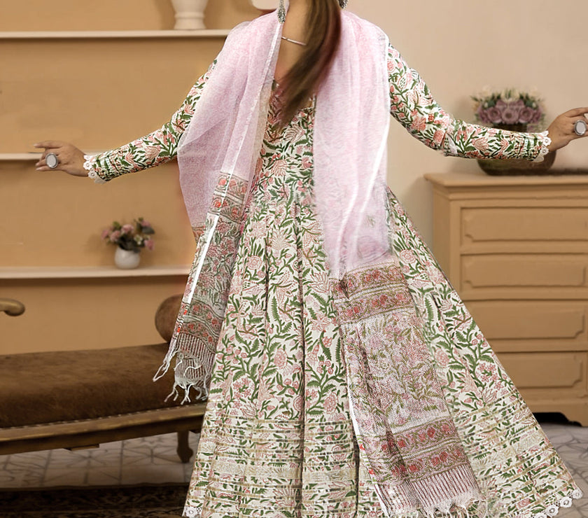 Divena Handblock Printed Green Anarkali Cotton Kurta With Trousers & Dupatta