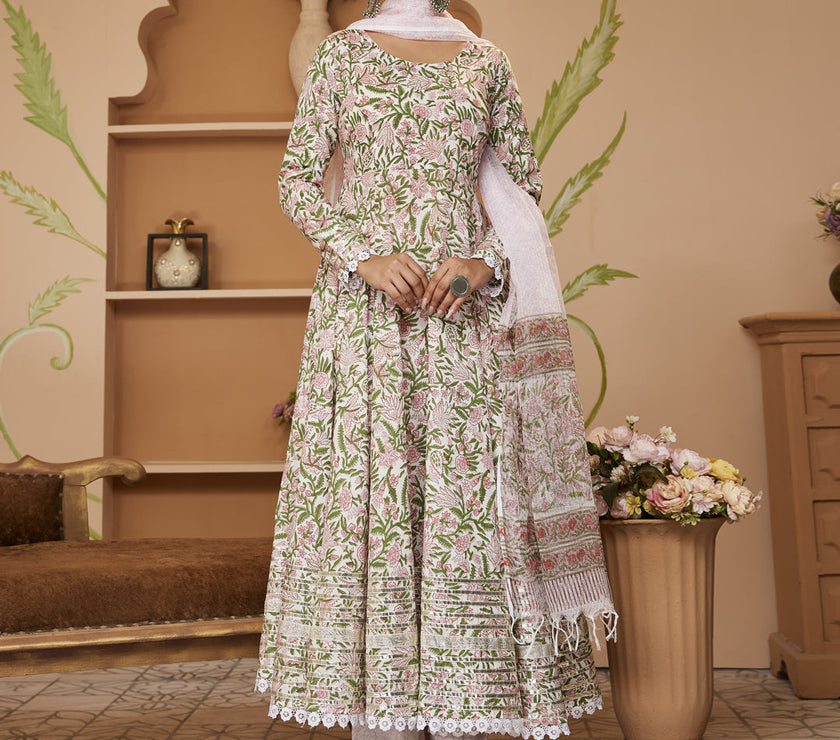 Divena Handblock Printed Green Anarkali Cotton Kurta With Trousers & Dupatta