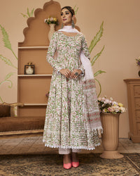 Divena Handblock Printed Green Anarkali Cotton Kurta With Trousers & Dupatta