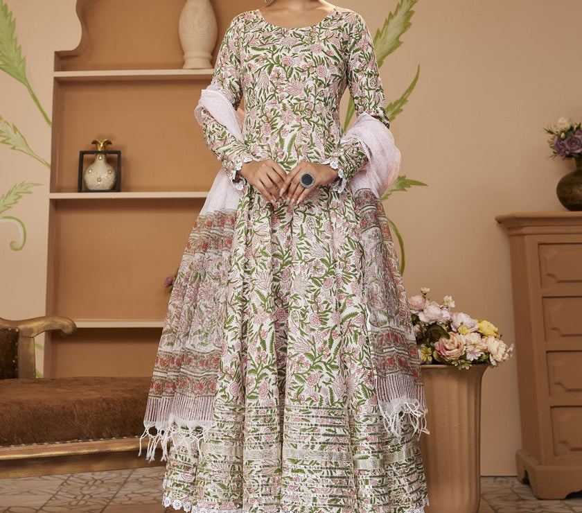 Divena Handblock Printed Green Anarkali Cotton Kurta With Trousers & Dupatta