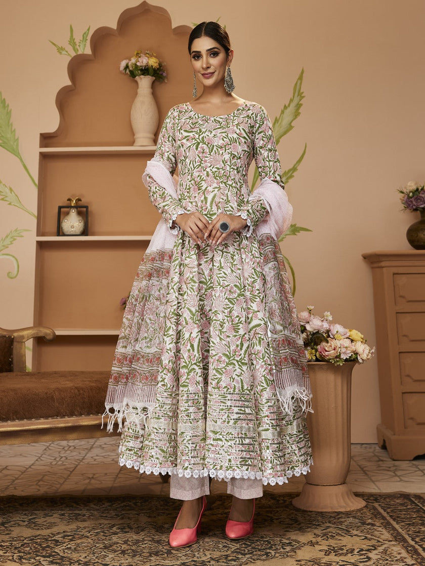 Divena Handblock Printed Green Anarkali Cotton Kurta With Trousers & Dupatta