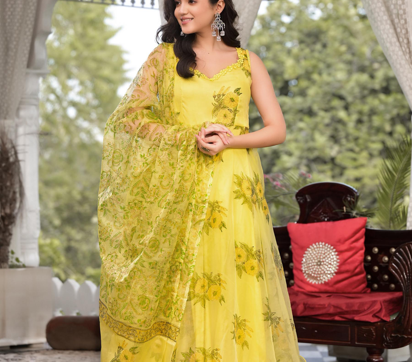 Divena Light Yellow Hand Painted Floral Organza Anarkali Kurta Pant Set with Dupatta