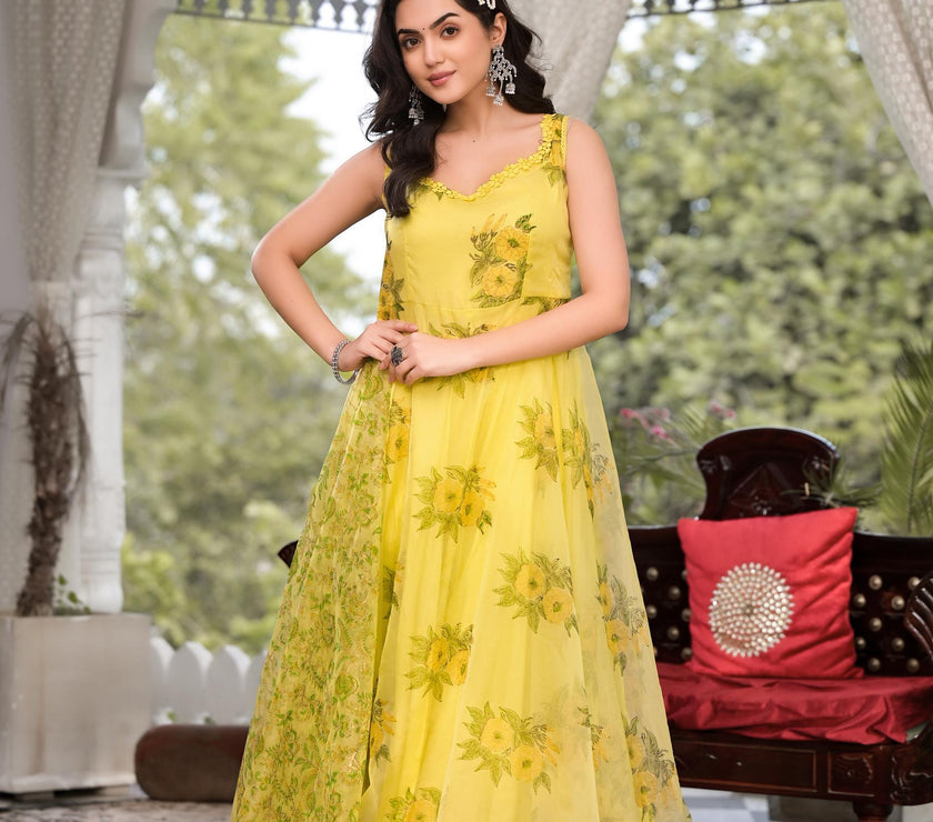 Divena Light Yellow Hand Painted Floral Organza Anarkali Kurta Pant Set with Dupatta