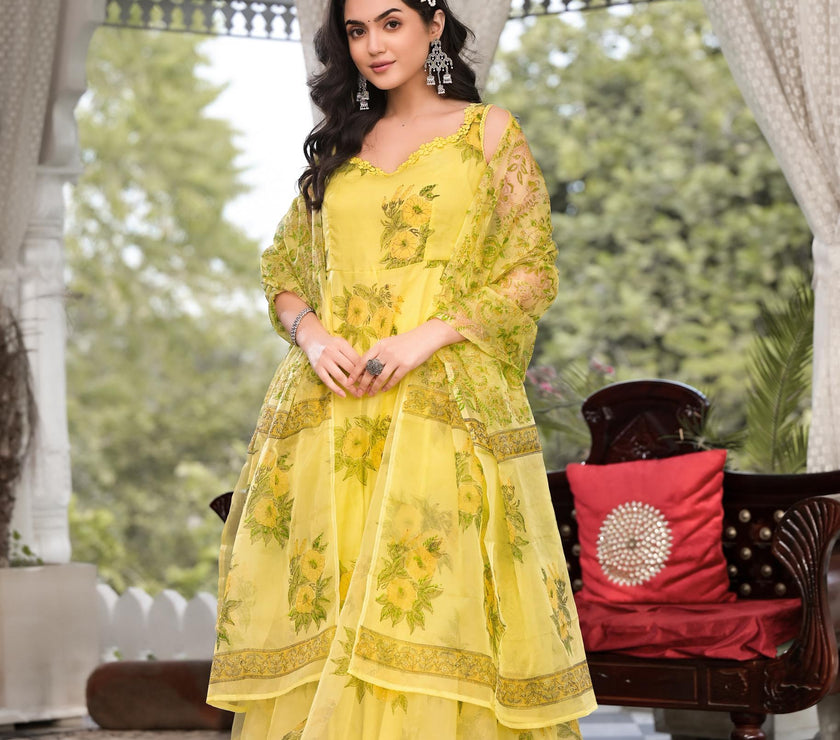 Divena Light Yellow Hand Painted Floral Organza Anarkali Kurta Pant Set with Dupatta