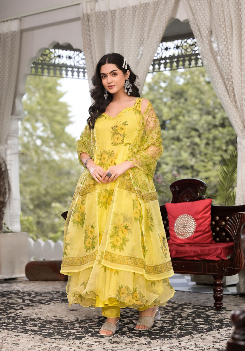 Divena Light Yellow Hand Painted Floral Organza Anarkali Kurta Pant Set with Dupatta