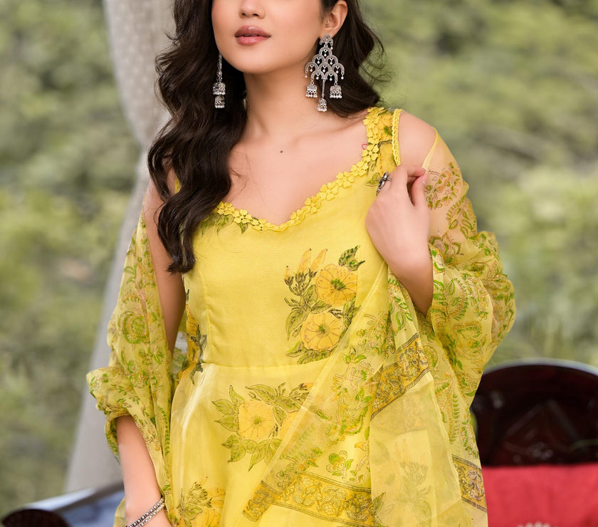 Divena Light Yellow Hand Painted Floral Organza Anarkali Kurta Pant Set with Dupatta