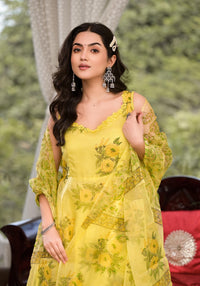 Divena Light Yellow Hand Painted Floral Organza Anarkali Kurta Pant Set with Dupatta