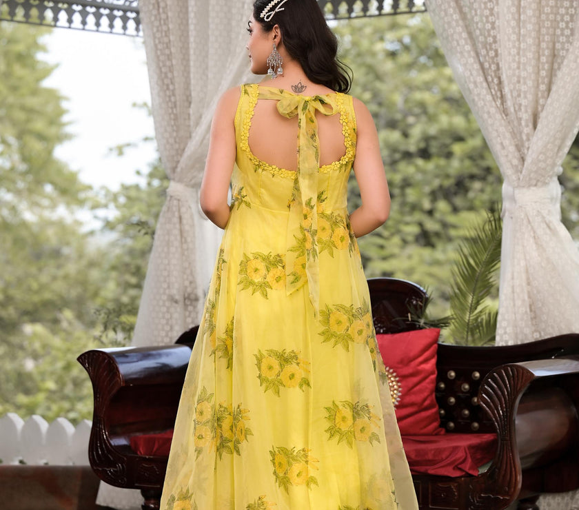 Divena Light Yellow Hand Painted Floral Organza Anarkali Kurta Pant Set with Dupatta