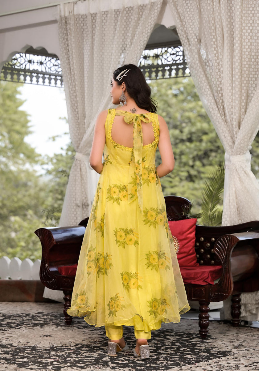 Divena Light Yellow Hand Painted Floral Organza Anarkali Kurta Pant Set with Dupatta