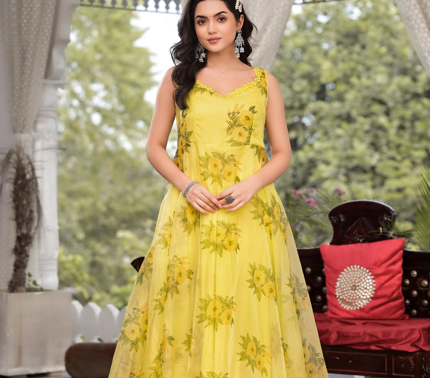 Divena Light Yellow Hand Painted Floral Organza Anarkali Kurta Pant Set with Dupatta