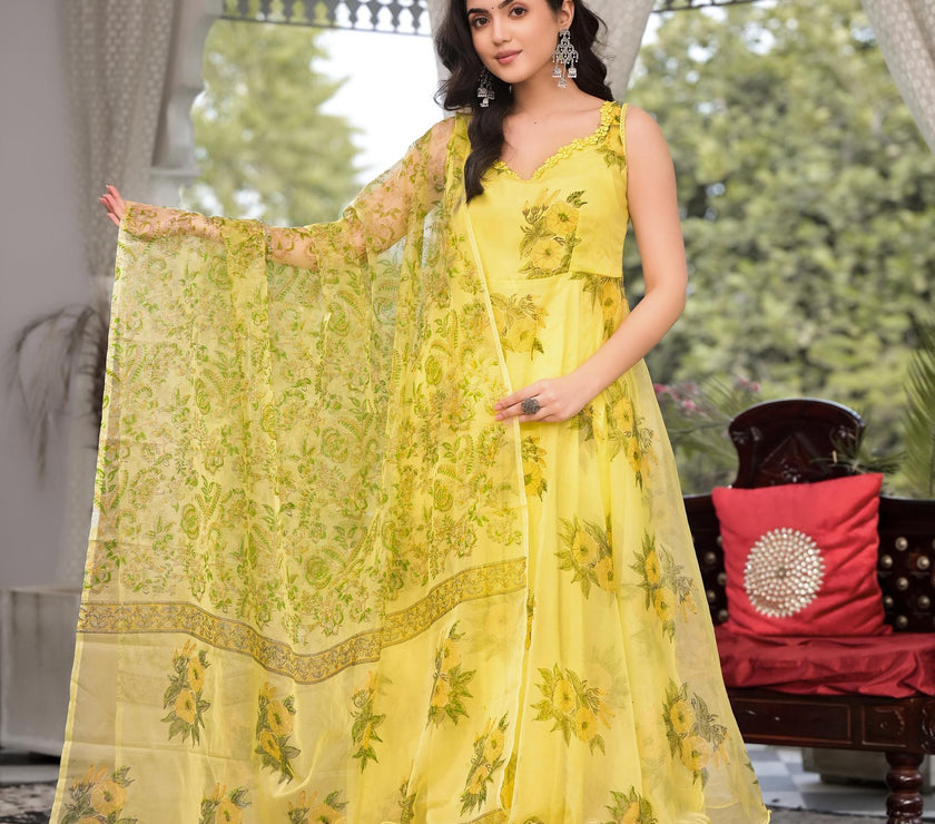 Divena Light Yellow Hand Painted Floral Organza Anarkali Kurta Pant Set with Dupatta