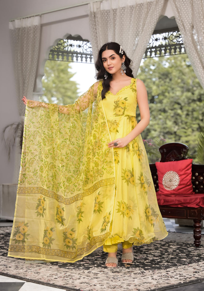 Divena Light Yellow Hand Painted Floral Organza Anarkali Kurta Pant Set with Dupatta