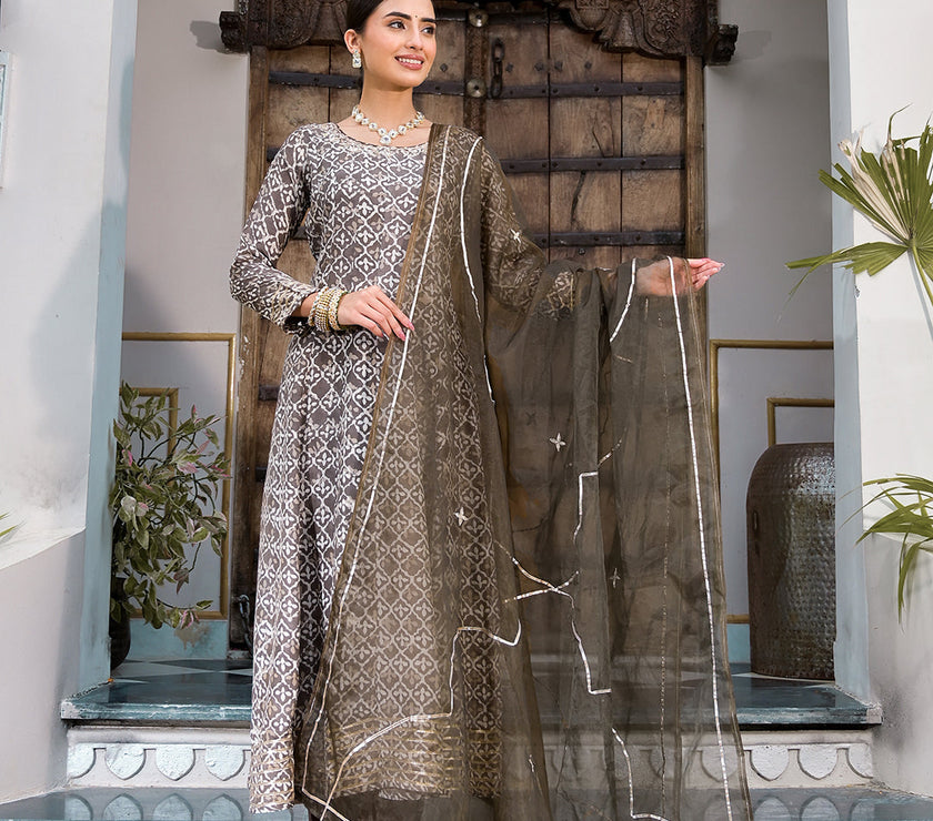 Divena Brown Asymetric Print Muslin Anarkali kurta pant with Dupatta Set