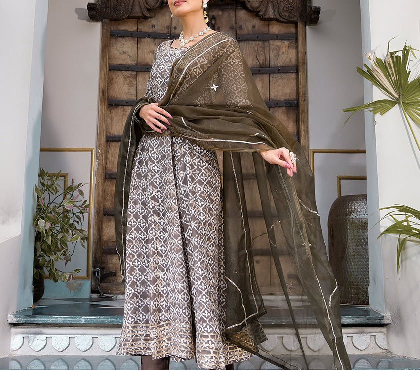 Divena Brown Asymetric Print Muslin Anarkali kurta pant with Dupatta Set