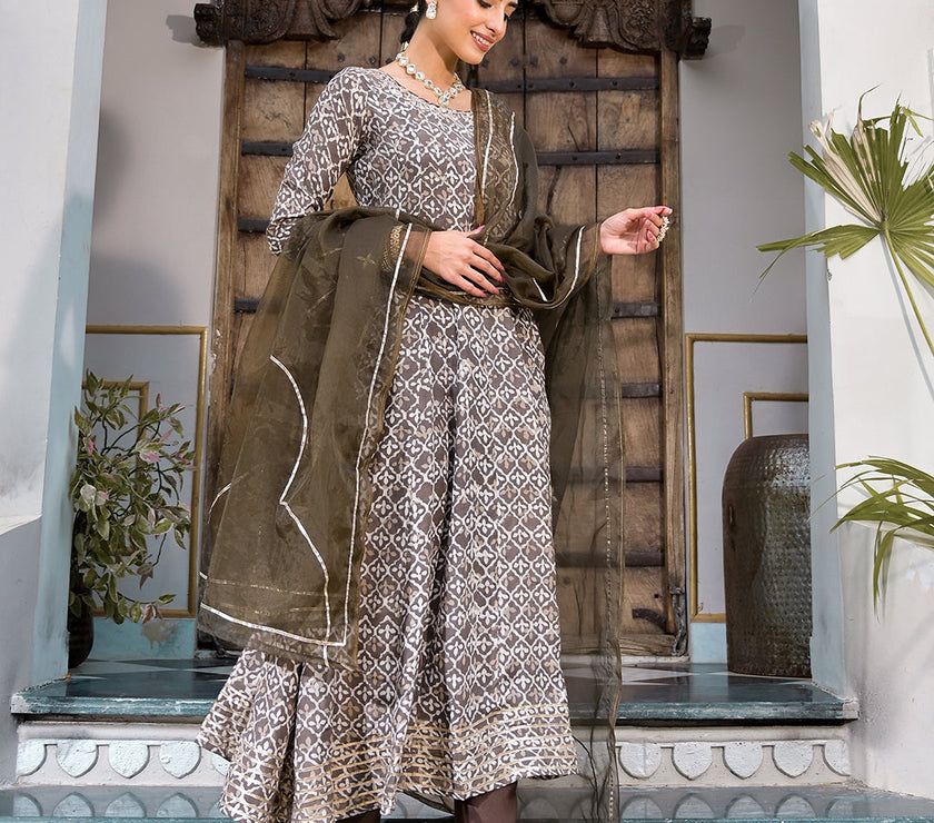 Divena Brown Asymetric Print Muslin Anarkali kurta pant with Dupatta Set