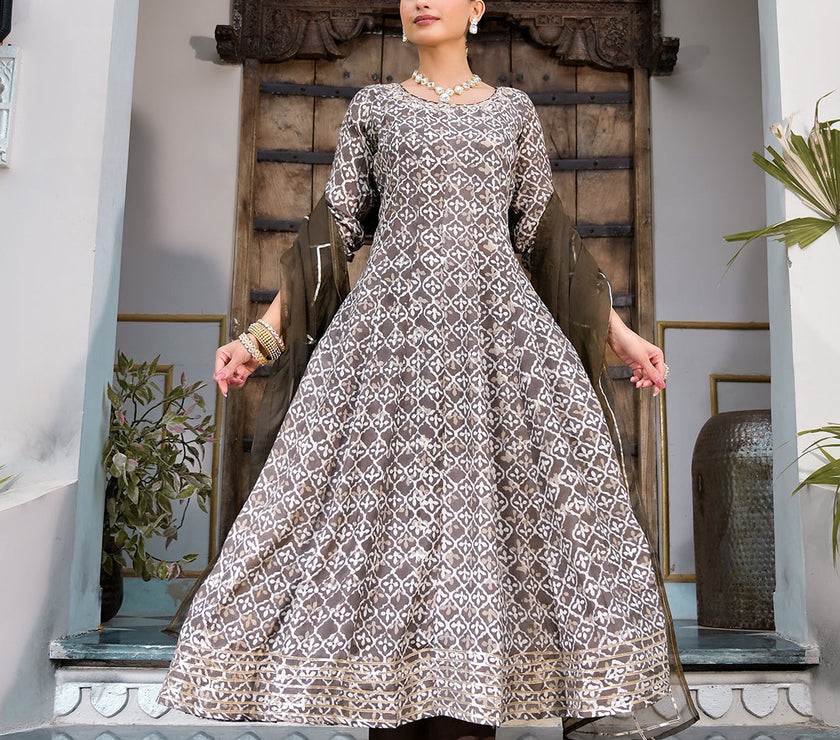 Divena Brown Asymetric Print Muslin Anarkali kurta pant with Dupatta Set