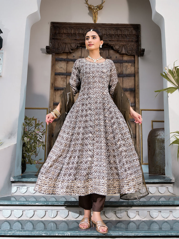 Divena Brown Asymetric Print Muslin Anarkali kurta pant with Dupatta Set