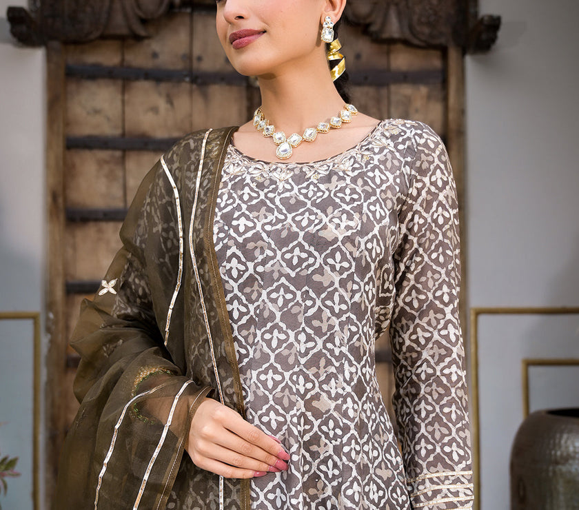 Divena Brown Asymetric Print Muslin Anarkali kurta pant with Dupatta Set