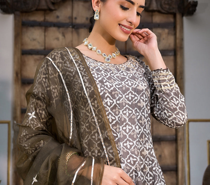 Divena Brown Asymetric Print Muslin Anarkali kurta pant with Dupatta Set