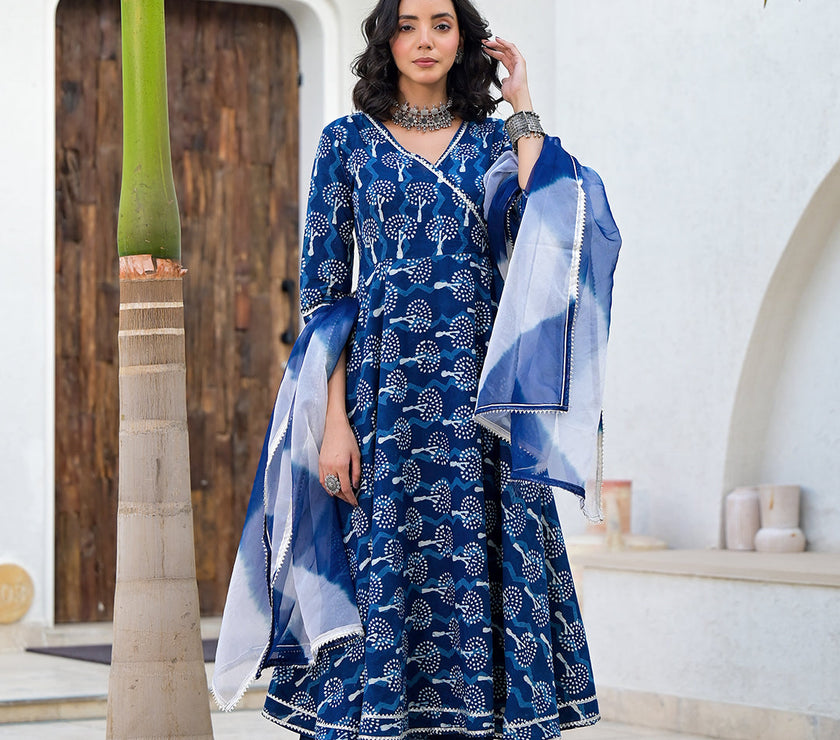 Divena Indigo Blue HandBlock Print Cotton Anarkali Kurta Set with Organza Dupatta