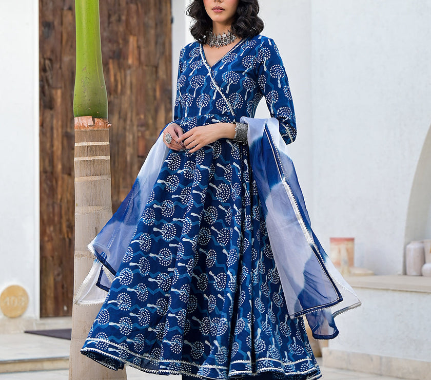 Divena Indigo Blue HandBlock Print Cotton Anarkali Kurta Set with Organza Dupatta