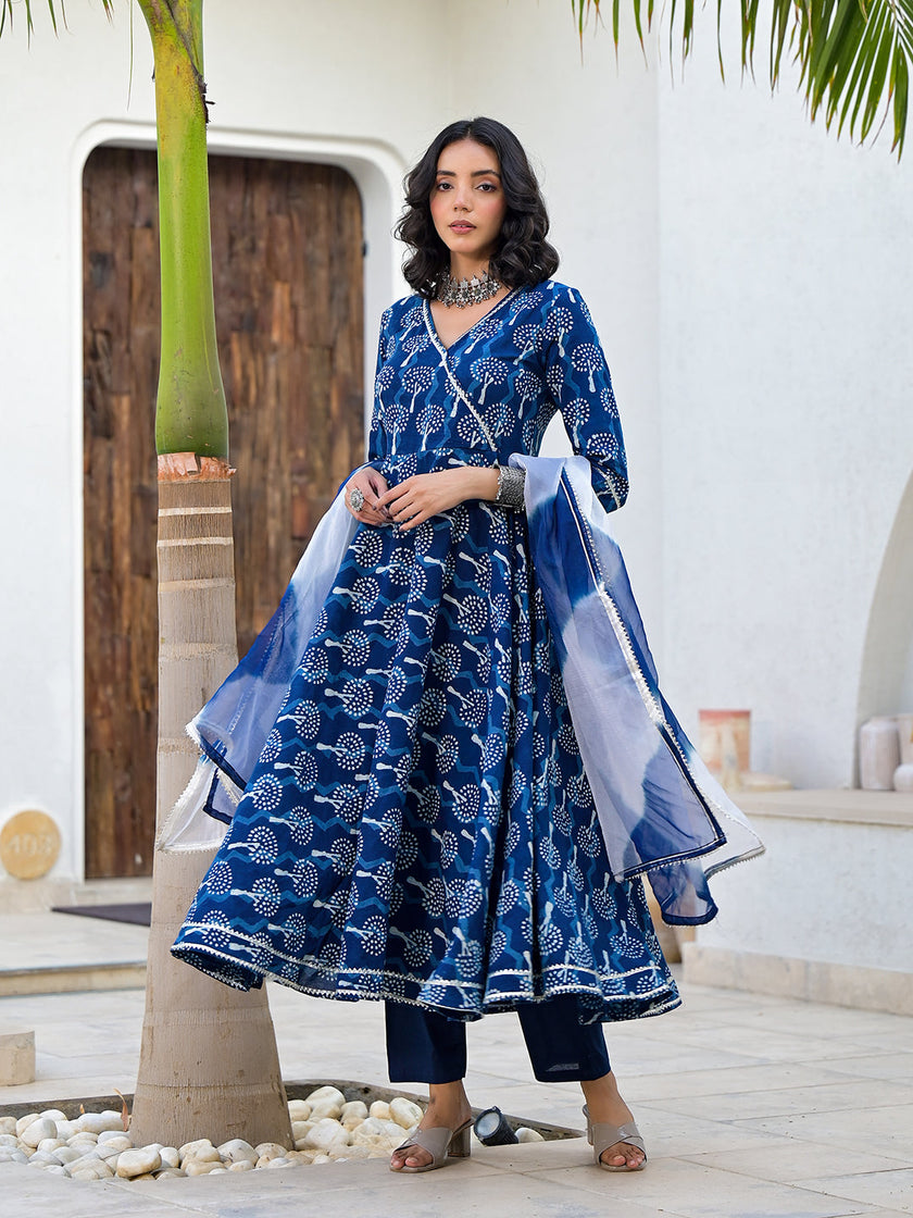 Divena Indigo Blue HandBlock Print Cotton Anarkali Kurta Set with Organza Dupatta