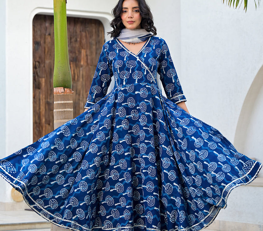 Divena Indigo Blue HandBlock Print Cotton Anarkali Kurta Set with Organza Dupatta