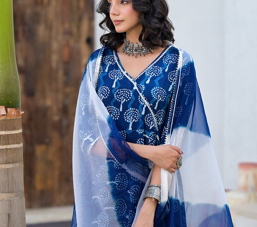 Divena Indigo Blue HandBlock Print Cotton Anarkali Kurta Set with Organza Dupatta