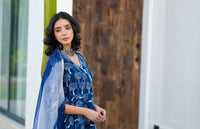 Divena Indigo Blue HandBlock Print Cotton Anarkali Kurta Set with Organza Dupatta