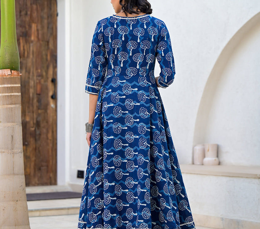 Divena Indigo Blue HandBlock Print Cotton Anarkali Kurta Set with Organza Dupatta