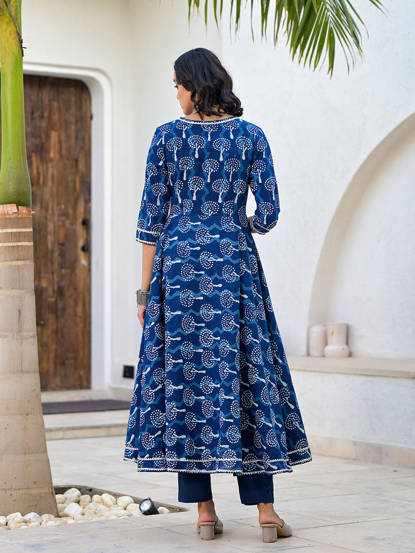 Divena Indigo Blue HandBlock Print Cotton Anarkali Kurta Set with Organza Dupatta