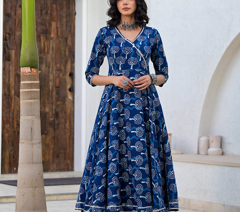 Divena Indigo Blue HandBlock Print Cotton Anarkali Kurta Set with Organza Dupatta