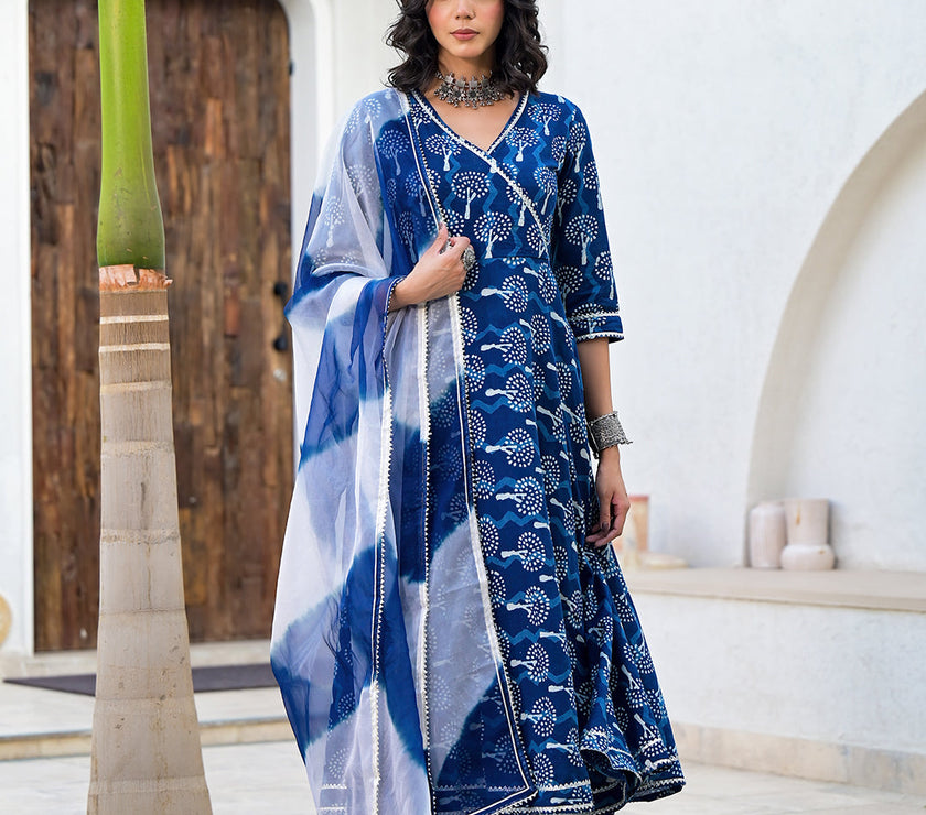 Divena Indigo Blue HandBlock Print Cotton Anarkali Kurta Set with Organza Dupatta