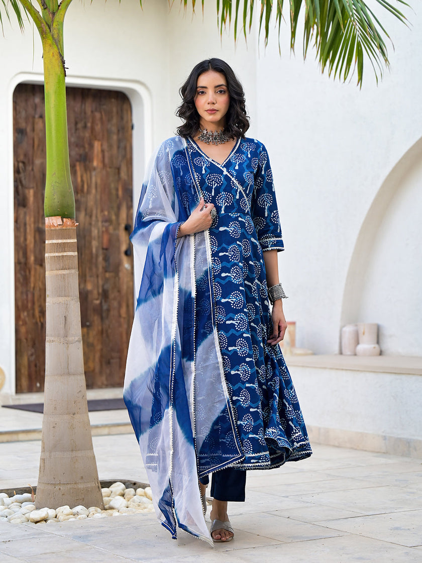 Divena Indigo Blue HandBlock Print Cotton Anarkali Kurta Set with Organza Dupatta