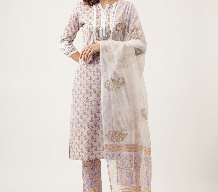 Divena Lavender Hand Block Printed Cotton Kurta, Trouser with Kota Doria Dupatta Set