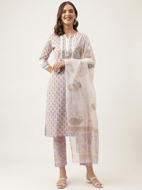 Divena Lavender Hand Block Printed Cotton Kurta, Trouser with Kota Doria Dupatta Set