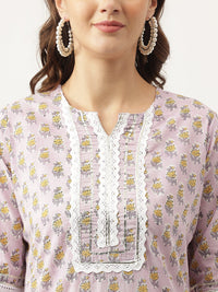 Divena Lavender Hand Block Printed Cotton Kurta, Trouser with Kota Doria Dupatta Set