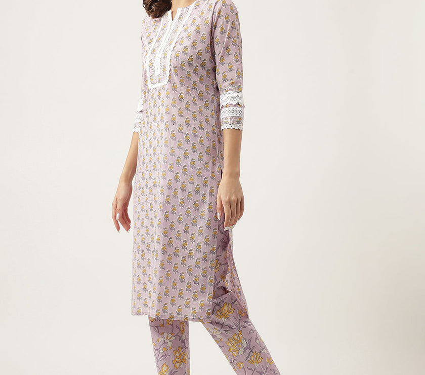 Divena Lavender Hand Block Printed Cotton Kurta, Trouser with Kota Doria Dupatta Set